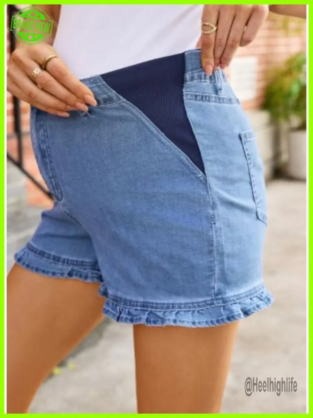 Maternity High Rise Denim Shorts Ruffle Hem Over-Belly Cotton Blend